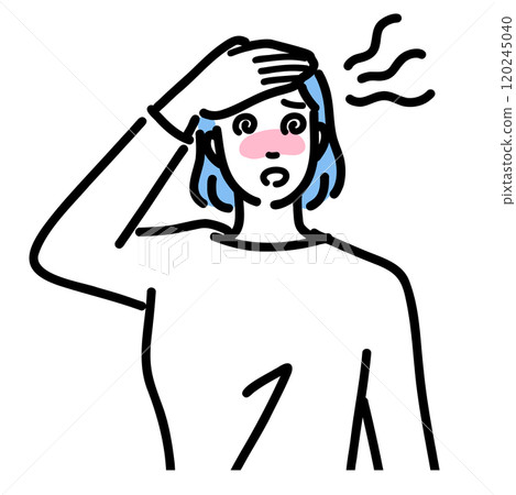 A young woman with a fever holding her forehead in pain A young woman with a fever holding her forehead in pain 120245040