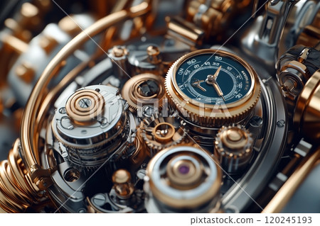 Unusual strange gear mechanism, similar to a watch, but with a lot of details, there are pressure gauges and thermometers 120245193