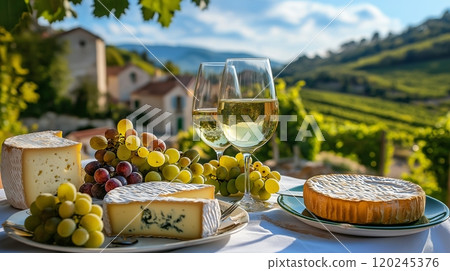 French cheeses grapes and wine French cheeses grapes and wine 120245376