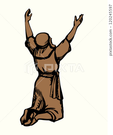 Praying man with his hands up. Vector drawing 120245597