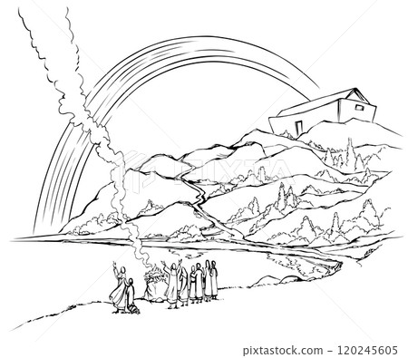 Vector drawing. Noah Offers a Sacrifice to God 120245605