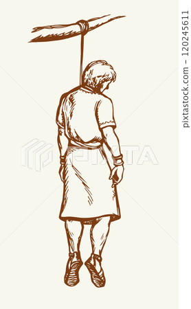 Vector drawing. Man hangs on a tree branch 120245611