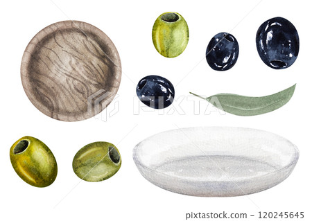 Watercolor illustration set of olives and olives, wooden and porcelain plates. Hand-drawn illustration with olive fruits and wooden and glassware Watercolor illustration set of olives and olives, wooden and porcelain plates. Hand-drawn illustration with olive fruits and wooden and glassware 120245645