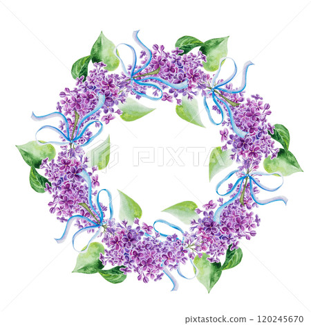 Watercolor illustration round frame with lilac branches with cute bow. Hand painted watercolor spring wreath with lilac bouquet 120245670