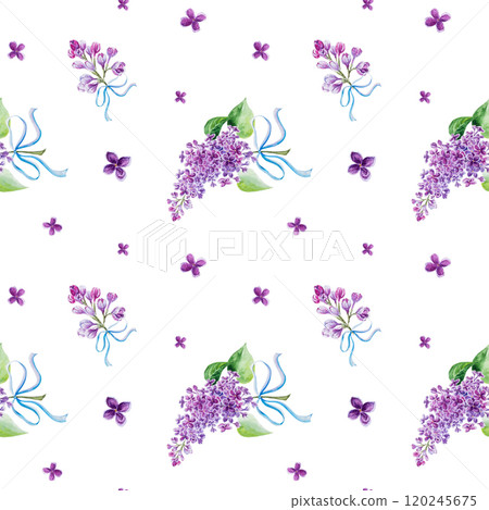 Seamless pattern.Watercolor illustration with beautiful lilac branches. Hand painted watercolor seamless spring pattern,seamless pattern with lilac flowers 120245675