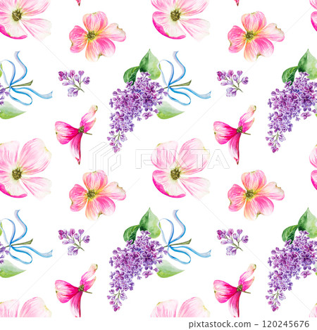Seamless pattern.Watercolor illustration with beautiful pink dogwood flowers and lilac branches. Hand painted watercolor seamless spring pattern,seamless pattern with flowers Seamless pattern.Watercolor illustration with beautiful pink dogwood flowers and lilac branches. Hand painted watercolor seamless spring pattern,seamless pattern with flowers 120245676