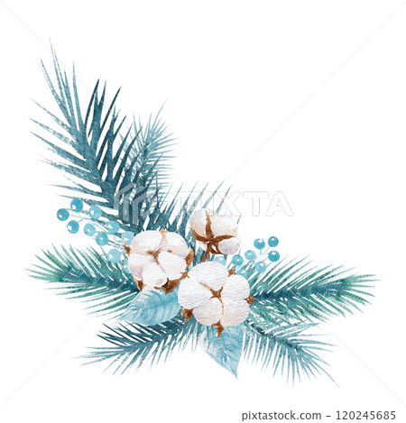Watercolor illustration beautiful Christmas composition with cotton and fir tree branches in blue-blue tone. Hand drawn New Year illustration 120245685
