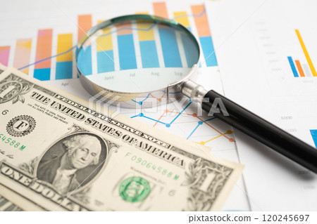 Magnifying glass on charts graphs paper. Financial development, Banking Account, Statistics, Investment Analytic research data economy. 120245697