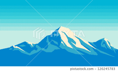 Pixel art horizontal illustration of daylight over mountain snowy peak. In the style of retro platformer video game level. Seamless when docking horizontally. Vector. 120245783