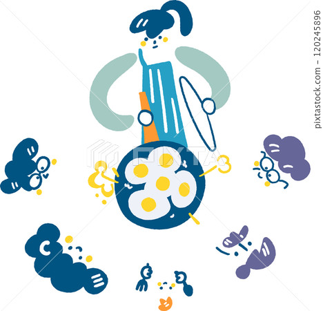 一組為五個人烤煎蛋的女孩和她的家人期待的庫存插畫素材 120245896