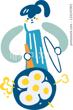 Young woman making fried eggs for five people Stock illustration 120245901
