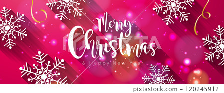 Merry Christmas and Happy New Year Illustration with Snowflake and Typography Lettering on Red Background. Vector Holiday Season Banner Design for Greeting Card, Party Flyer, Celebration Poster and 120245912