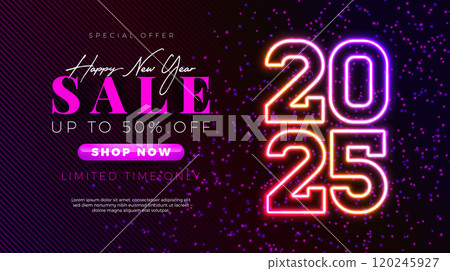 Happy New Year Sale 2025 Design with Glowing Neon Light Typography Number on Black Background. Christmas Holiday Special Offer Campaign Discount Illustration for Coupon, Voucher, Banner, Flyer Happy New Year Sale 2025 Design with Glowing Neon Light Typography Number on Black Background. Christmas Holiday Special Offer Campaign Discount Illustration for Coupon, Voucher, Banner, Flyer 120245927