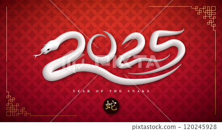 Happy Chinese New Year 2025 Banner with Snake Zodiac Sign and Gold Chinese Language Snake Symbol on Red Scaly Pattern Background. Lunar New Year Traditional Design with Typography Letter for Flyer 120245928