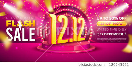 12 December Shopping Day Flash Sale Design with 3d 12.12 Number, Light Bulb Billboard and Stage Podium on Red Background. Vector Special Offer 50 Percent Off Campaign Discount Illustration for Coupon 120245931