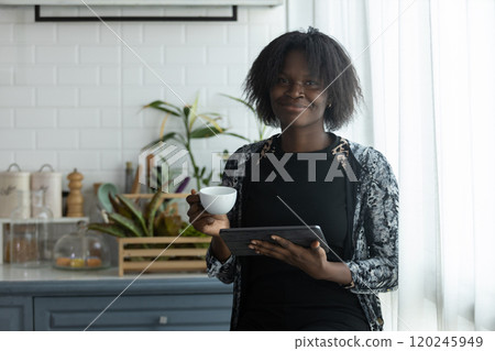 Portrait of attractive woman african american businesswoman using digital tablet standing office. touchpad screen searching reading information. connect network online. Working online with tablet. 120245949