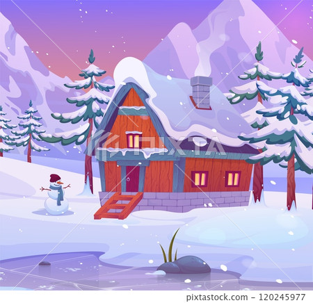 Nature winter landscape. Cold season scenery. Snowy trees. Pine forest. Wooden house. Frozen ice lake and snowman. Wild mountains. Christmas panorama. Home chimney smoke. Rock peaks. Vector background Nature winter landscape. Cold season scenery. Snowy trees. Pine forest. Wooden house. Frozen ice lake and snowman. Wild mountains. Christmas panorama. Home chimney smoke. Rock peaks. Vector background 120245977