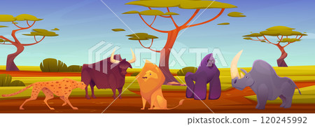 African animal. Zoo park. Safari in Africa. Funny jungle character. Wild lion and rhino. Gorilla monkey. Nature cartoon landscape. Wilderness scenery. Cute wildlife. Vector savanna fauna background 120245992