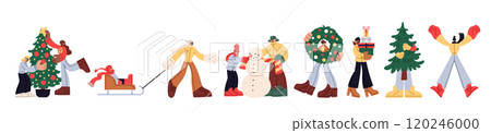 Christmas gift. Family preparing and celebrating winter holiday. Happy couple carry Xmas tree. Woman holding New Years present box. Holiday shopping. Man making snowman. Vector festive characters set Christmas gift. Family preparing and celebrating winter holiday. Happy couple carry Xmas tree. Woman holding New Years present box. Holiday shopping. Man making snowman. Vector festive characters set 120246000