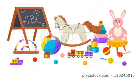 Children toys. Composition of kids stuff mess. Baby education and entertainment. Playground games. Cute horse and plush rabbit. Kindergarten playroom. Ball and color cubes. Vector garish illustration 120246013