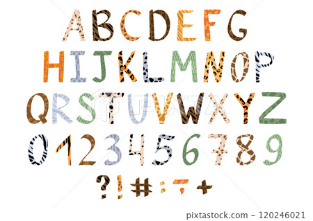Animal font. Safari alphabet. Mammal skin pattern. African typeset for birthday poster. Children text print. Fur texture. Typographic leopard uppercase letters. Vector garish zoo lettering icons set 120246021