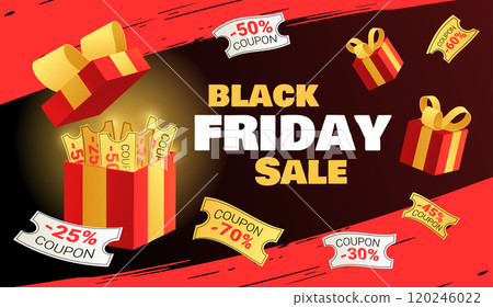 Coupon Black Friday. Event discount banner, promotion label with box. Background sale marketing. Advertising shop, store day special offer. Isolated 3d elements. Vector garish seasonal poster design 120246022