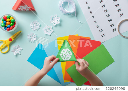Advent calendar made of colored paper. Step-by-step instructions for making Christmas crafts. Diy for children. flat lay 120246098