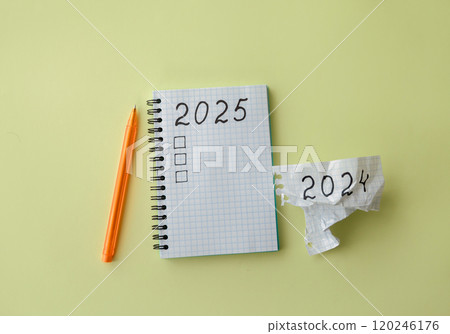 New Year 2025 Goals. List of plans in a notebook. New Year planning concept. Website banner, design. Flat layout, top view New Year 2025 Goals. List of plans in a notebook. New Year planning concept. Website banner, design. Flat layout, top view 120246176