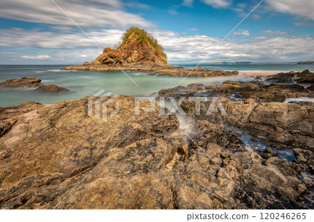 Long exposure, pacific ocean waves on rock in Playa Ocotal, El Coco Costa Rica 120246265