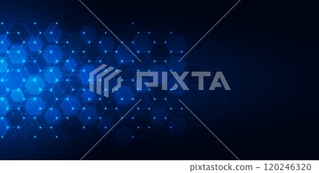 Abstract technology background and design element with hexagons pattern and geometric shapes. Creative vector illustration 120246320