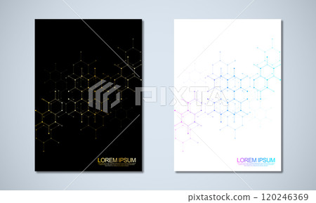 Abstract geometric background with hexagons shape pattern for a business brochure or cover book, page layout, flyer design, and poster template Abstract geometric background with hexagons shape pattern for a business brochure or cover book, page layout, flyer design, and poster template 120246369