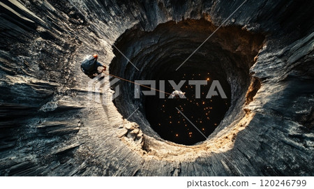 A breathtaking view from above a deep circular hole. A person is lowered into the abyss. This surreal scene captures the essence of exploration and risk. Daring adventure awaits. AI A breathtaking view from above a deep circular hole. A person is lowered into the abyss. This surreal scene captures the essence of exploration and risk. Daring adventure awaits. AI 120246799
