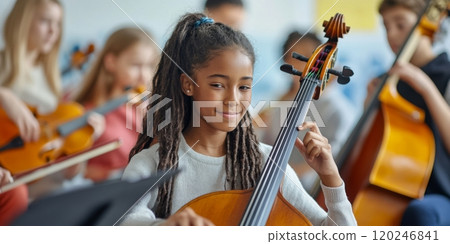 A young girl plays the cello in an orchestra setting. Her concentration shines as she embraces the joy of music. The scene captures student musicians collaborating together. AI 120246841
