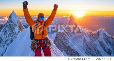 A triumphant climber stands atop a snowy peak, celebrating a successful ascent. The sun sets behind majestic mountains, casting a warm glow. An image of adventure and achievement. AI 120246843