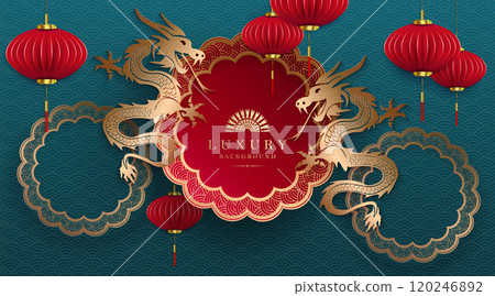 Happy Chinese New Year, golden dragons with round frame, textured turquoise card 120246892