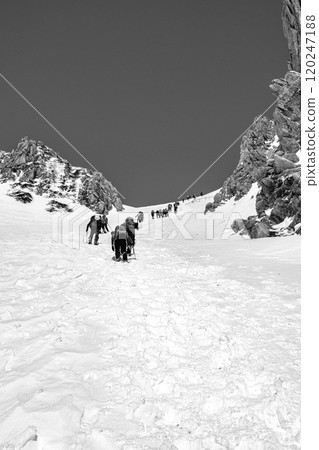Climbers climbing Senjojiki Cirque, Kiso Komagatake mountain climbing tour in the remaining snow season, newspaper advertisement Climbers climbing Senjojiki Cirque, Kiso Komagatake mountain climbing tour in the remaining snow season, newspaper advertisement 120247188