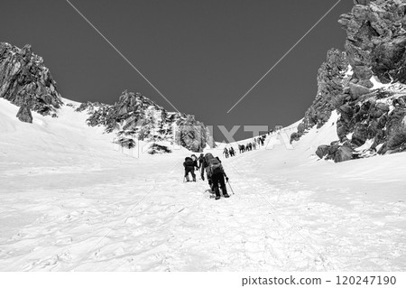 Climbers climbing Senjojiki Cirque, Kiso Komagatake mountain climbing tour in the remaining snow season, newspaper advertisement Climbers climbing Senjojiki Cirque, Kiso Komagatake mountain climbing tour in the remaining snow season, newspaper advertisement 120247190