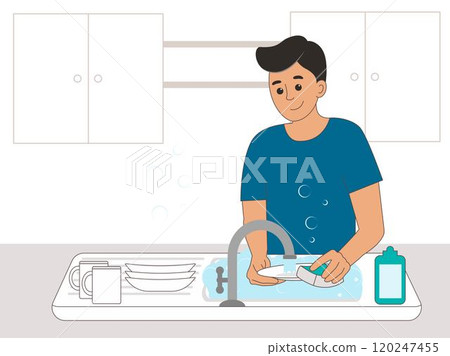 Positive young man washing dishes Positive young man washing dishes 120247455