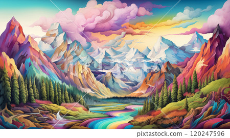 Vibrant mountain landscape with colorful peaks 120247596