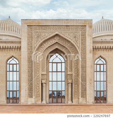 Explore the Stunning Entrance of Bibi-Heybat Mosque in Baku, Azerbaijan, Featuring Intricate Architecture 120247697