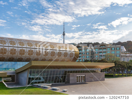 The Azerbaijan National Carpet Museum Entrance With Baku TV Tower in the Backdrop on a Sunny Day The Azerbaijan National Carpet Museum Entrance With Baku TV Tower in the Backdrop on a Sunny Day 120247710