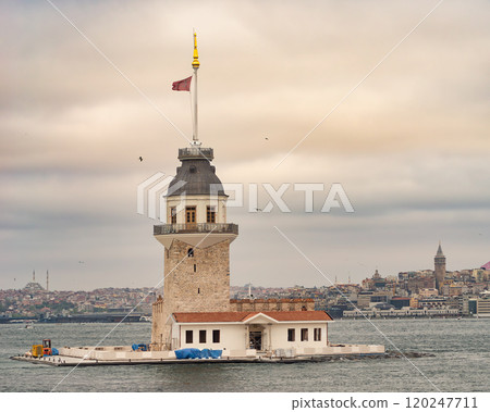 Maiden's Tower or Kiz Kulesi located in a small islet in Bosphorus near the coast of Uskudar district, Istanbul, Turkiye 120247711