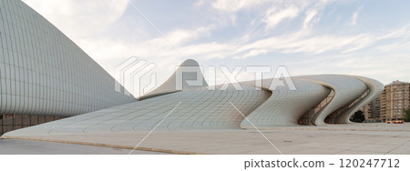 Modern Architecture of Heydar Aliyev Centre in Baku Azerbaijan Before Sunset on a sunny summer Day Modern Architecture of Heydar Aliyev Centre in Baku Azerbaijan Before Sunset on a sunny summer Day 120247712