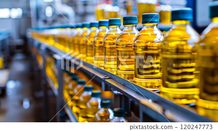 Vegetable oil for cooking in production line of manufacturing and glass bottles packaging in factory. 120247773