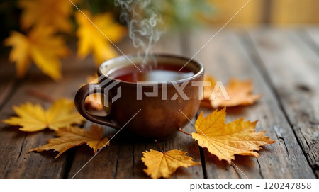 Steaming Tea on Rustic Table with Fall Leaves 120247858
