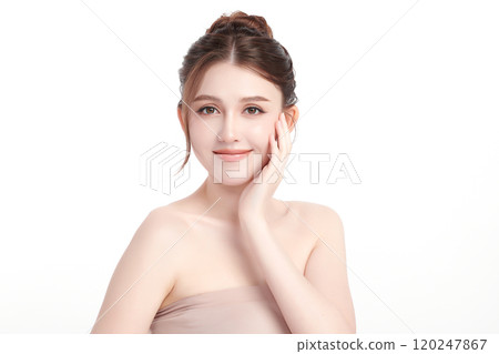 Beautiful young asian woman with clean fresh skin on white background, Face care, Facial treatment, Cosmetology, beauty and spa, Asian women portrait. 120247867