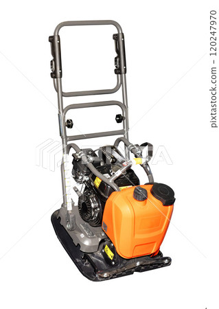 Compact and powerful plate compactor designed for landscaping and construction projects outdoors, isolated on white background. Compact and powerful plate compactor designed for landscaping and construction projects outdoors, isolated on white background. 120247970