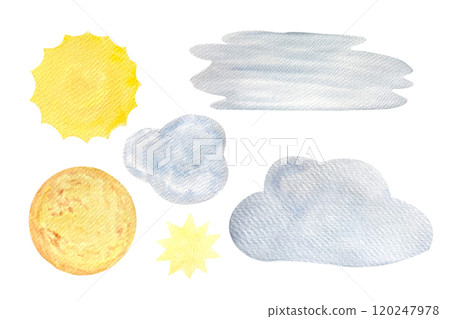 Sun, moon, star and clouds watercolor illustration set isolated on white. Hand painted high quality clip art. Perfect St Valentine day, for love cards, posters, textile decor. Clip art Sun, moon, star and clouds watercolor illustration set isolated on white. Hand painted high quality clip art. Perfect St Valentine day, for love cards, posters, textile decor. Clip art 120247978