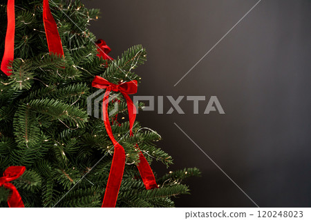 Festive Green Christmas Tree adorned with Red Bows and Warm Lights 120248023