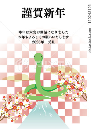 帶有蛇、富士山和方格背景的新年賀卡插圖 120248193